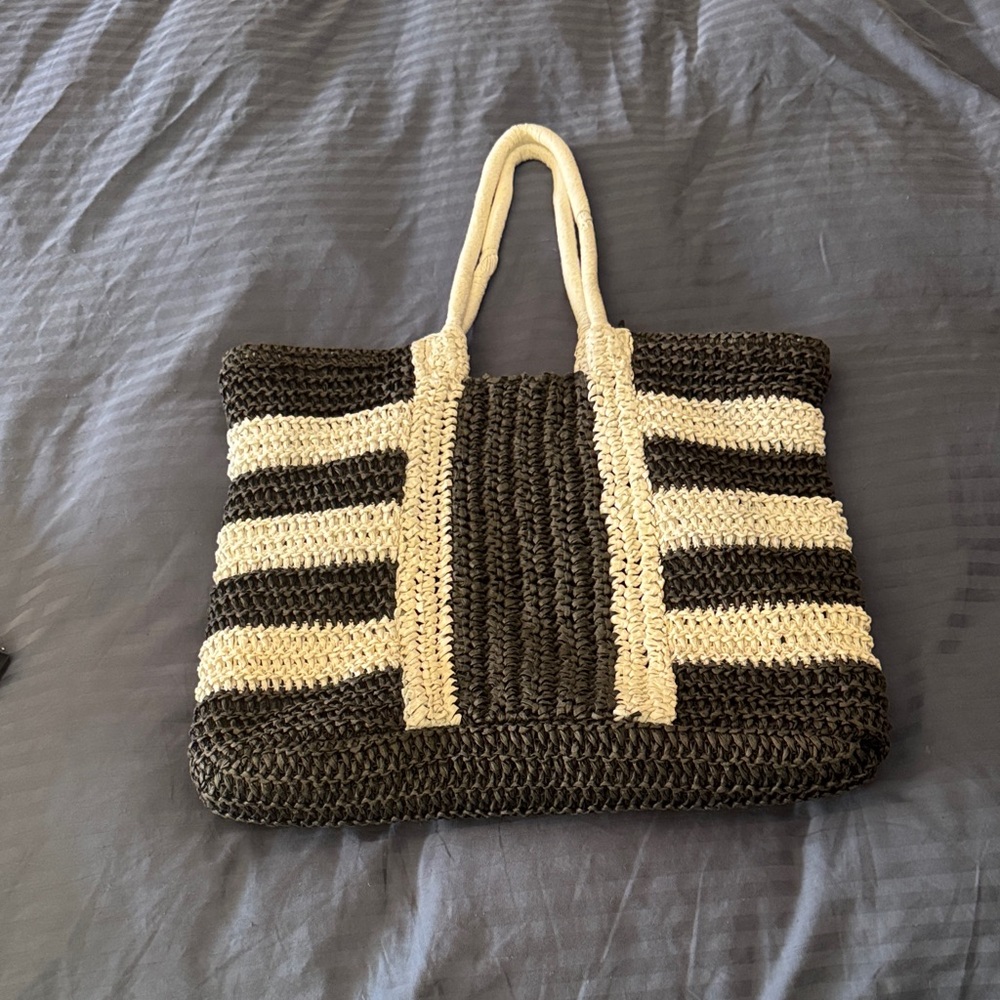 Handwoven Black and Cream Stripe Tote Bag